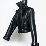 BLACK LEATHER CORDED JACKET