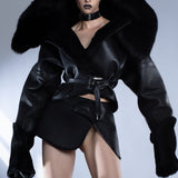 BLACK CROPPED LEATHER AND FUR JACKET