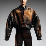 ACID WASH CALF SKIN VARSITY JACKET