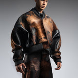 ACID WASH CALF SKIN VARSITY JACKET