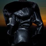 BLACK CROPPED LEATHER AND FUR JACKET