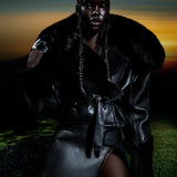 BLACK CROPPED LEATHER AND FUR JACKET