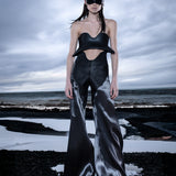 GUN METAL ORGANZA PANT WITH LEATHER WAISTBAND