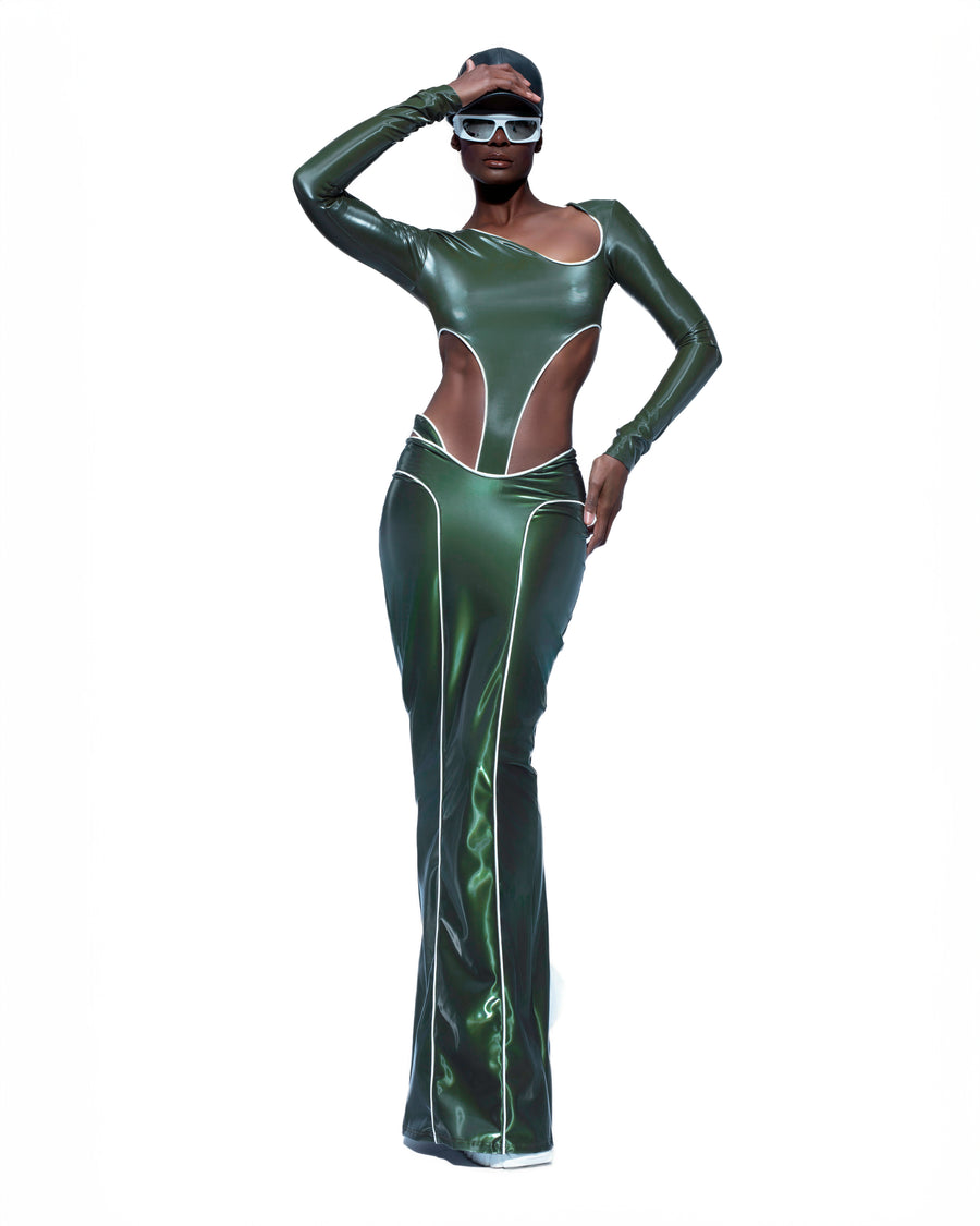 OLIVE GREEN REFLECTIVE SKIRT + BODYSUIT SET