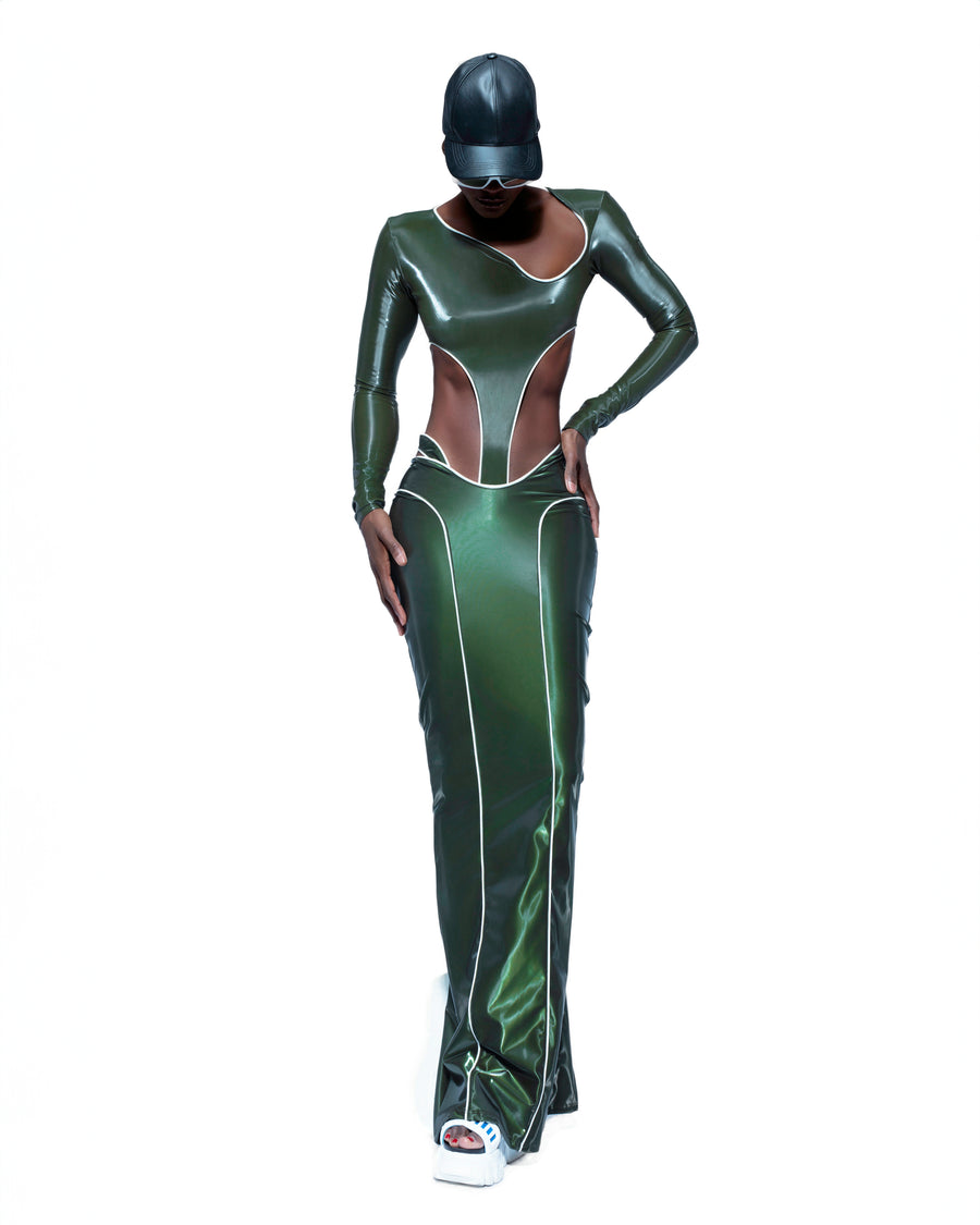 OLIVE GREEN REFLECTIVE SKIRT BODYSUIT SET BENT KAHINA