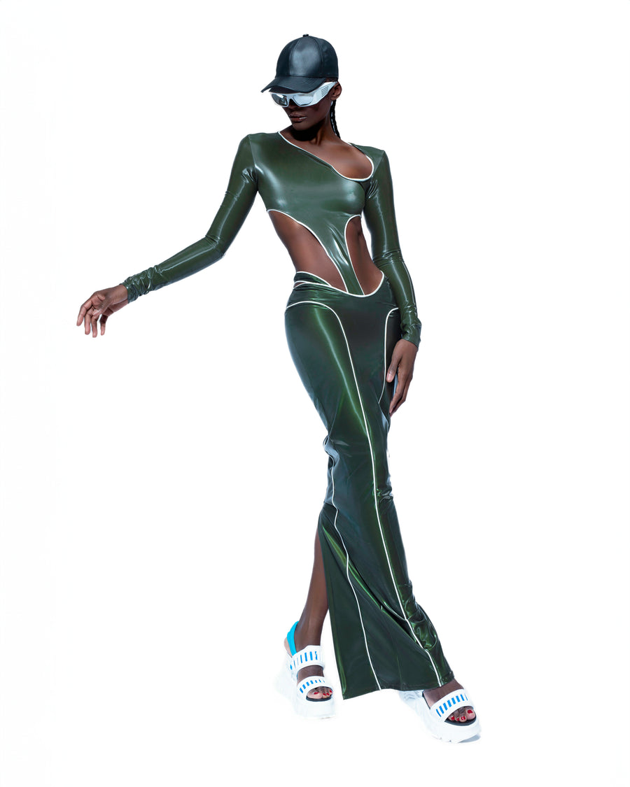 OLIVE GREEN REFLECTIVE SKIRT + BODYSUIT SET